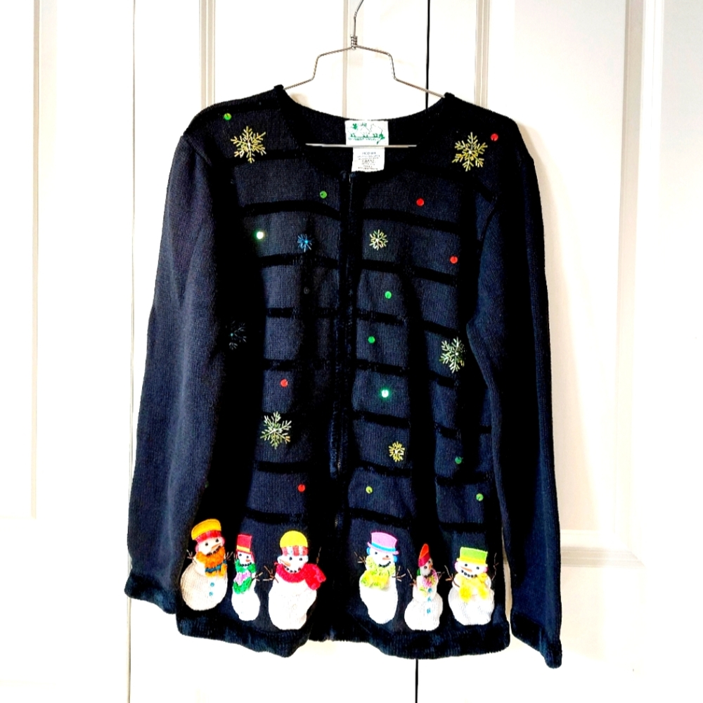 Snowman Sequin Snowflake Chenille‎ Zip Cardigan Medium Quacker Factory Christmas